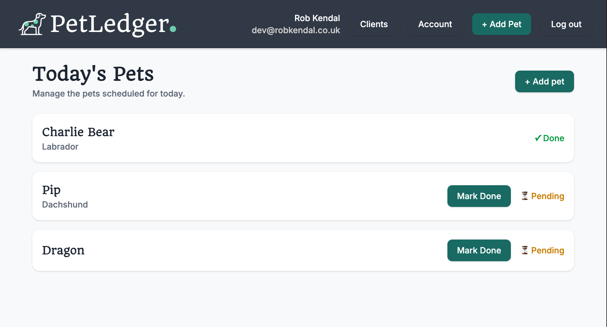 PetLedger dashboard showing pets, updates, and daily visit status