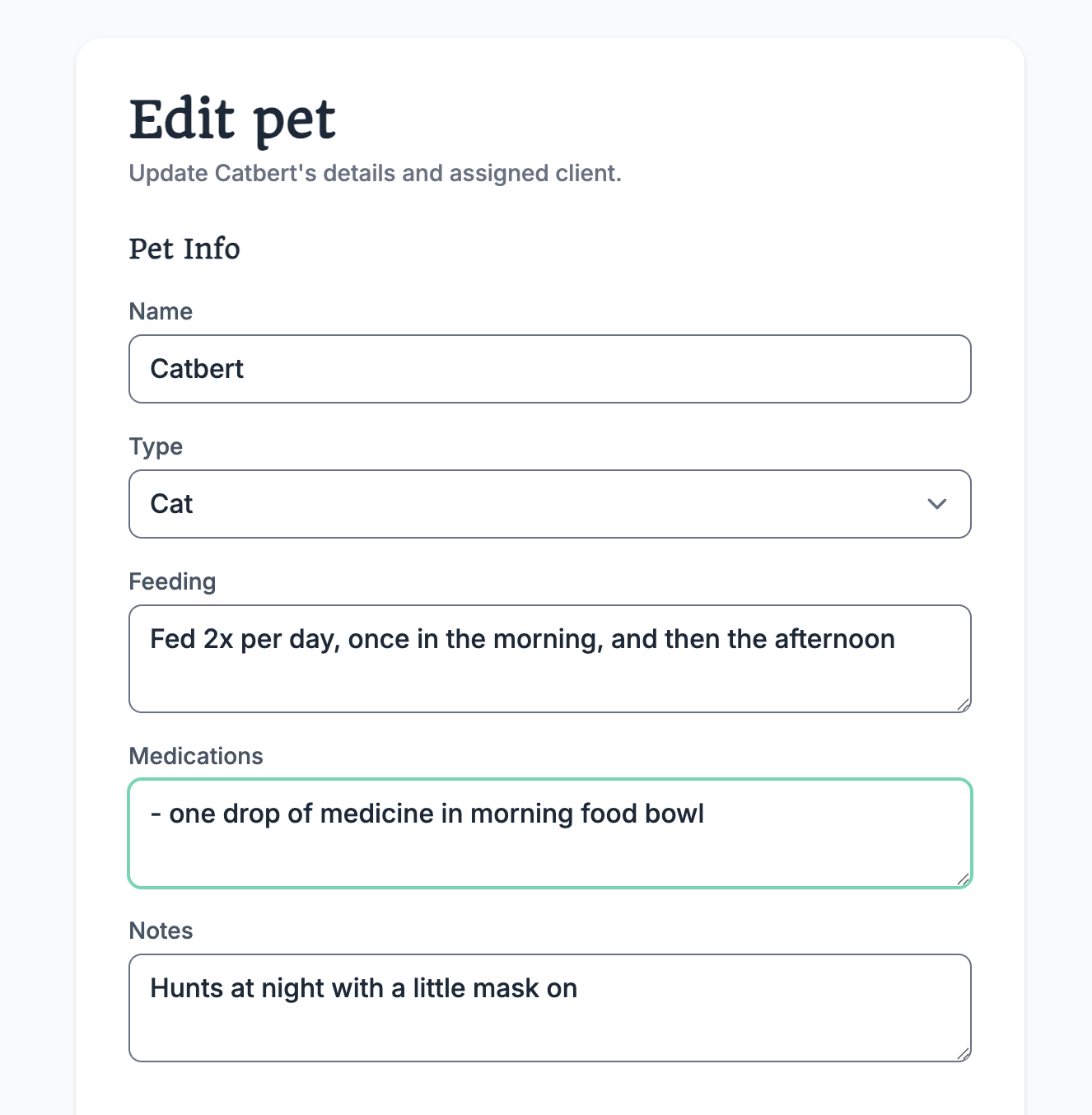 Log Pet Notes, Medications & Care